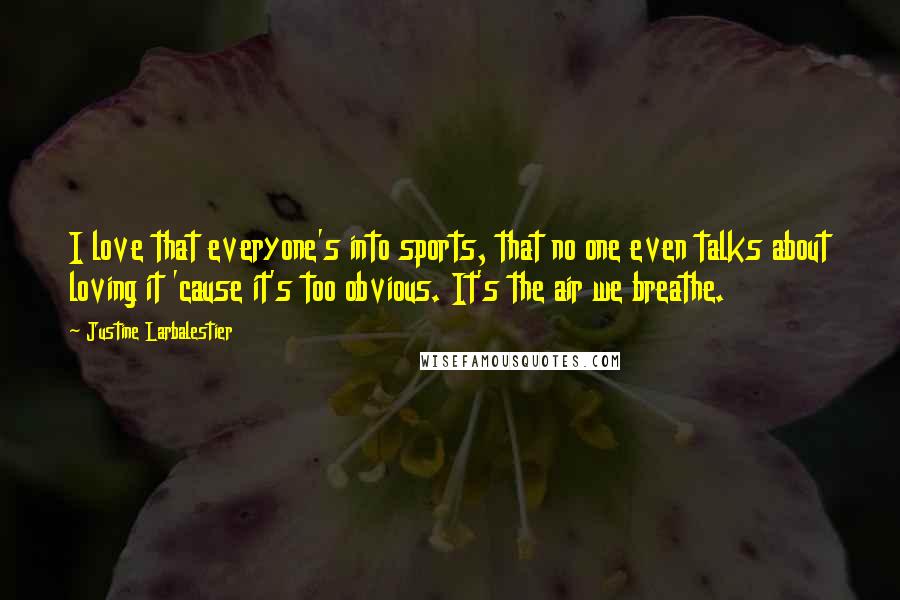 Justine Larbalestier Quotes: I love that everyone's into sports, that no one even talks about loving it 'cause it's too obvious. It's the air we breathe.