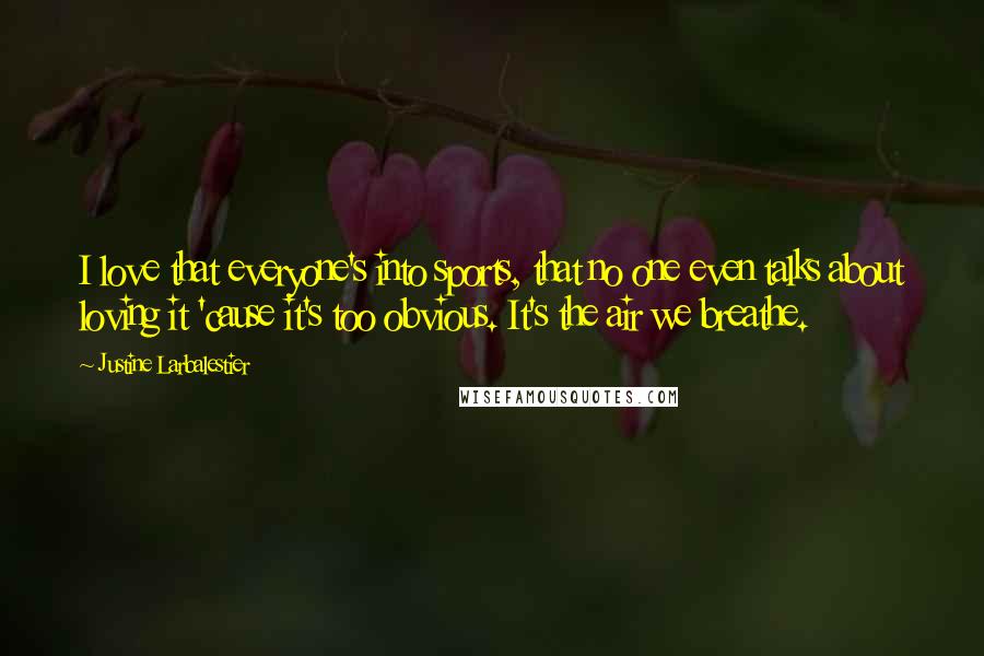 Justine Larbalestier Quotes: I love that everyone's into sports, that no one even talks about loving it 'cause it's too obvious. It's the air we breathe.