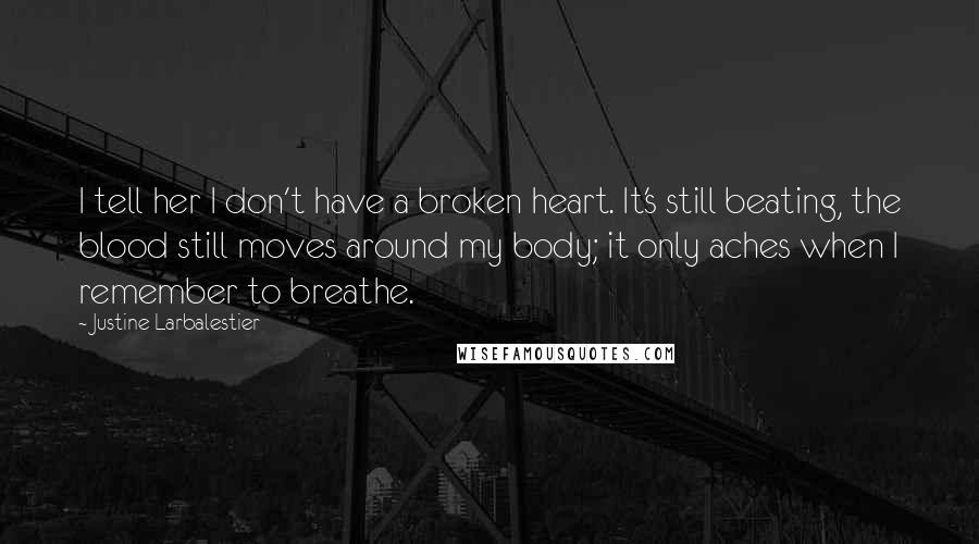 Justine Larbalestier Quotes: I tell her I don't have a broken heart. It's still beating, the blood still moves around my body; it only aches when I remember to breathe.