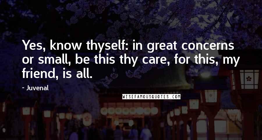 Juvenal Quotes: Yes, know thyself: in great concerns or small, be this thy care, for this, my friend, is all.