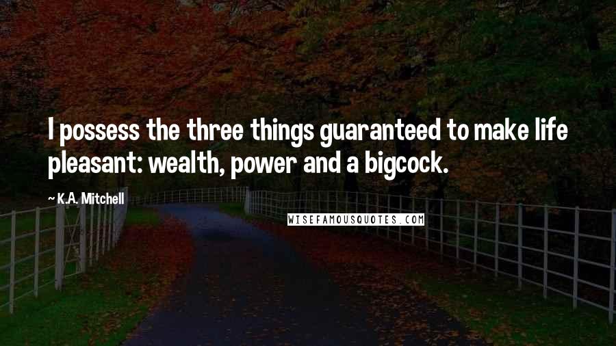 K.A. Mitchell Quotes: I possess the three things guaranteed to make life pleasant: wealth, power and a bigcock.