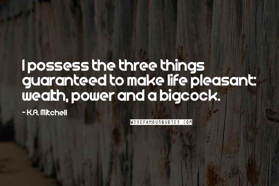 K.A. Mitchell Quotes: I possess the three things guaranteed to make life pleasant: wealth, power and a bigcock.