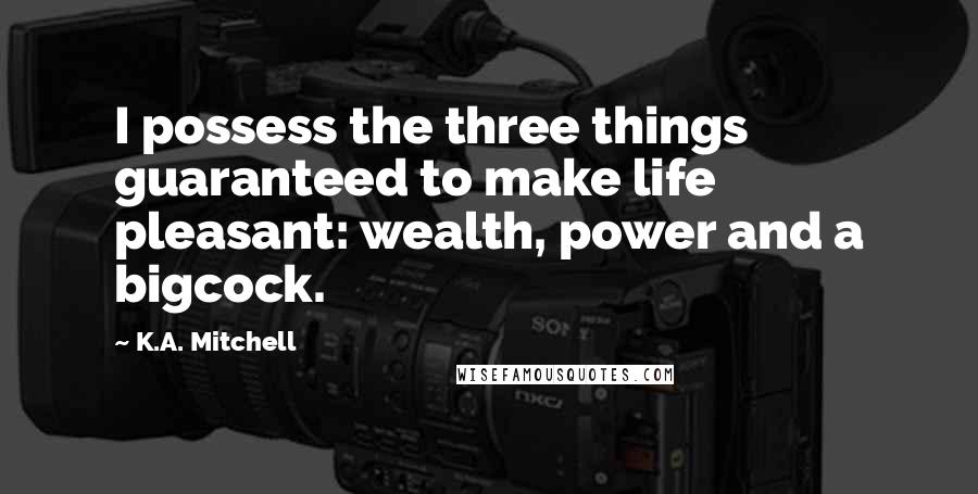 K.A. Mitchell Quotes: I possess the three things guaranteed to make life pleasant: wealth, power and a bigcock.