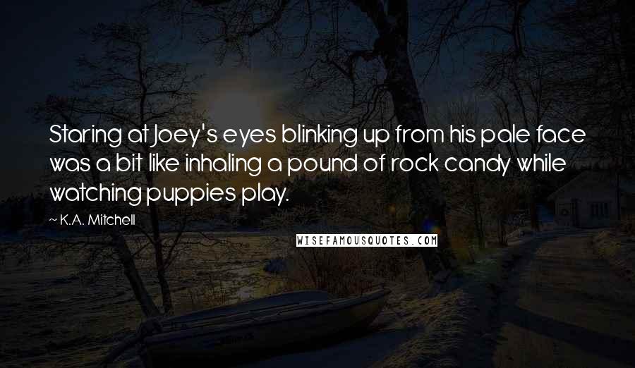 K.A. Mitchell Quotes: Staring at Joey's eyes blinking up from his pale face was a bit like inhaling a pound of rock candy while watching puppies play.