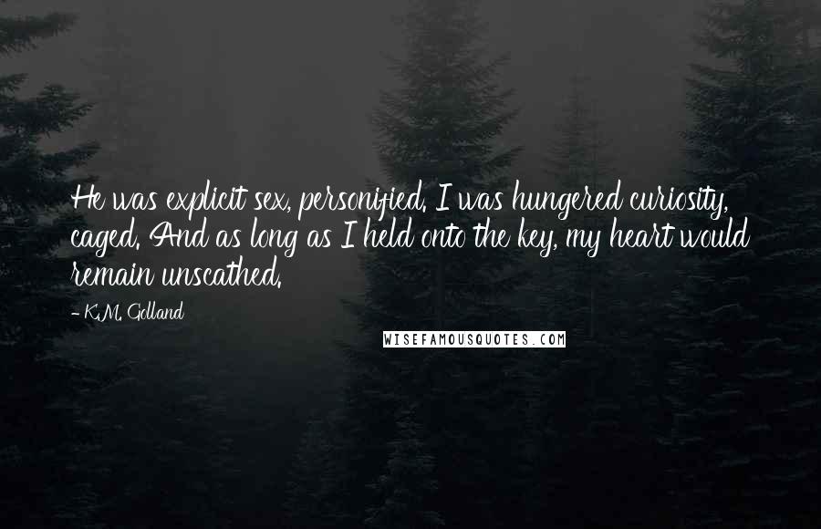 K.M. Golland Quotes: He was explicit sex, personified. I was hungered curiosity, caged. And as long as I held onto the key, my heart would remain unscathed.