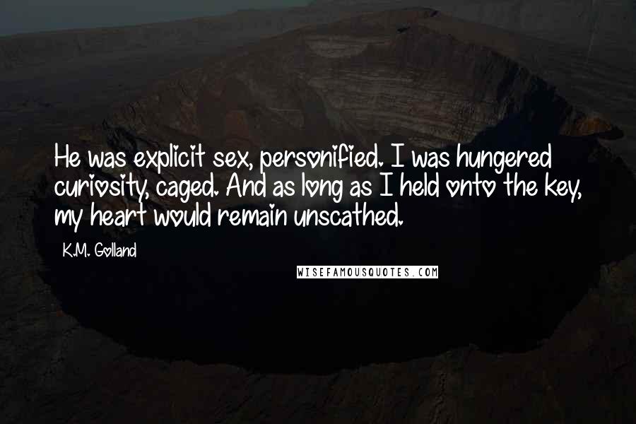 K.M. Golland Quotes: He was explicit sex, personified. I was hungered curiosity, caged. And as long as I held onto the key, my heart would remain unscathed.