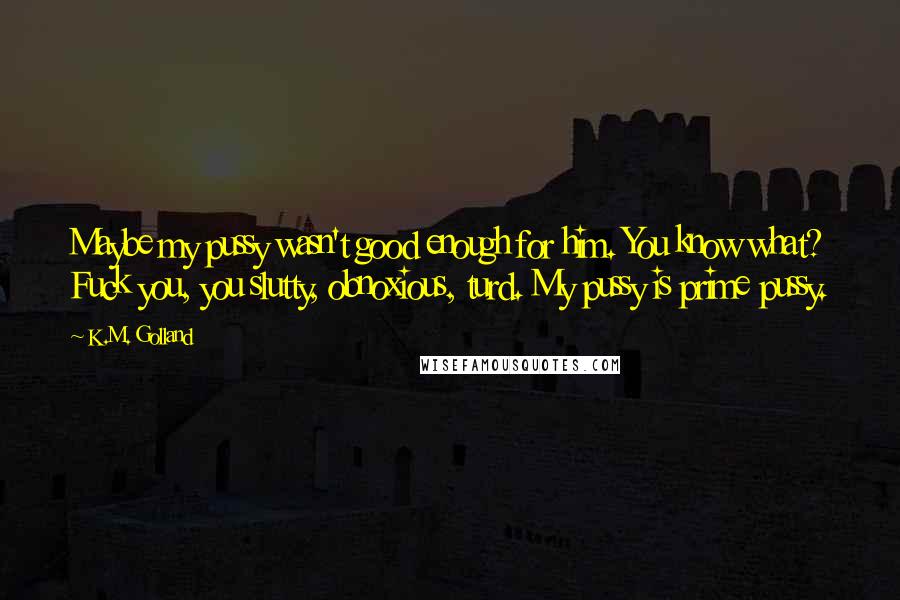 K.M. Golland Quotes: Maybe my pussy wasn't good enough for him. You know what? Fuck you, you slutty, obnoxious, turd. My pussy is prime pussy.