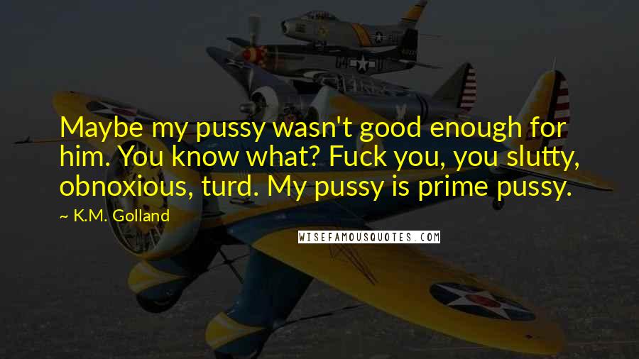 K.M. Golland Quotes: Maybe my pussy wasn't good enough for him. You know what? Fuck you, you slutty, obnoxious, turd. My pussy is prime pussy.