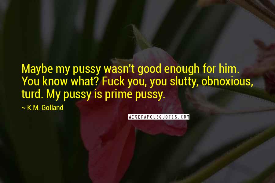 K.M. Golland Quotes: Maybe my pussy wasn't good enough for him. You know what? Fuck you, you slutty, obnoxious, turd. My pussy is prime pussy.