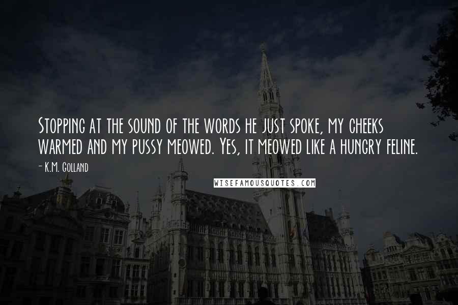 K.M. Golland Quotes: Stopping at the sound of the words he just spoke, my cheeks warmed and my pussy meowed. Yes, it meowed like a hungry feline.