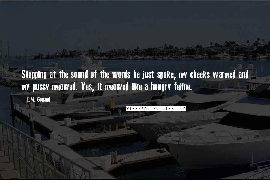 K.M. Golland Quotes: Stopping at the sound of the words he just spoke, my cheeks warmed and my pussy meowed. Yes, it meowed like a hungry feline.