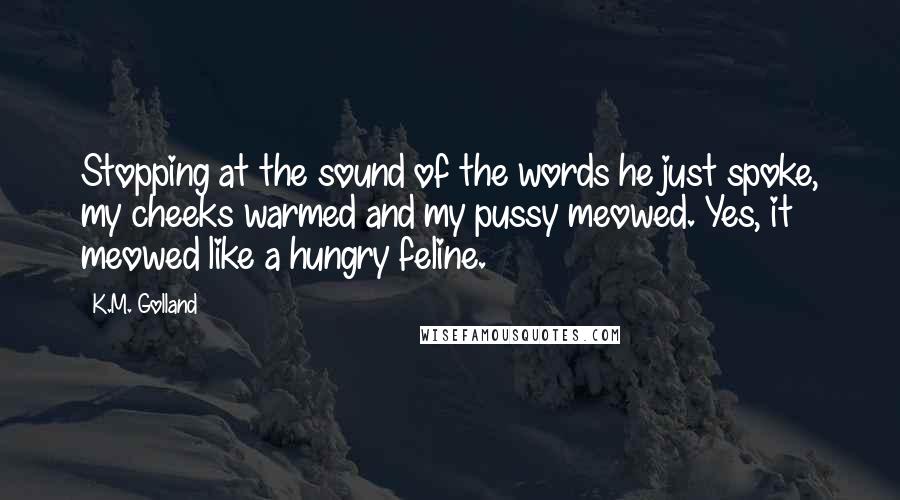 K.M. Golland Quotes: Stopping at the sound of the words he just spoke, my cheeks warmed and my pussy meowed. Yes, it meowed like a hungry feline.
