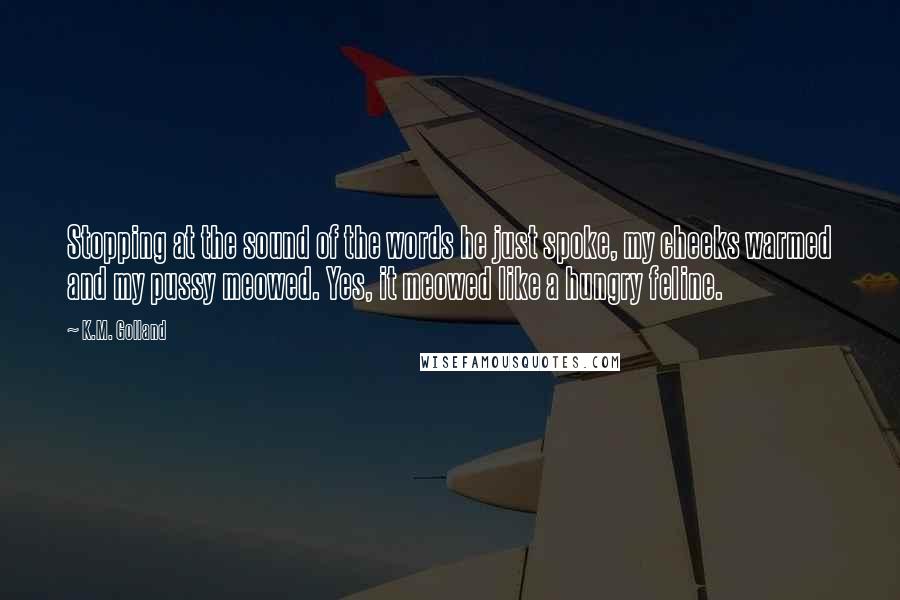 K.M. Golland Quotes: Stopping at the sound of the words he just spoke, my cheeks warmed and my pussy meowed. Yes, it meowed like a hungry feline.
