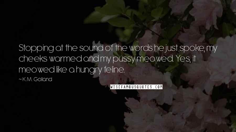 K.M. Golland Quotes: Stopping at the sound of the words he just spoke, my cheeks warmed and my pussy meowed. Yes, it meowed like a hungry feline.