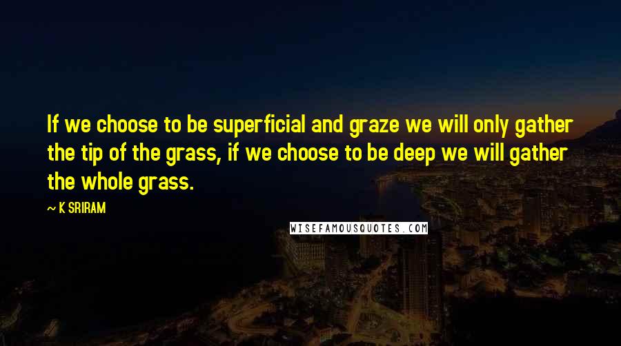 K SRIRAM Quotes: If we choose to be superficial and graze we will only gather the tip of the grass, if we choose to be deep we will gather the whole grass.