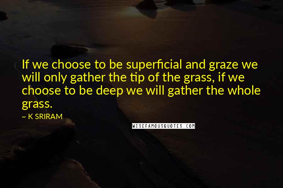 K SRIRAM Quotes: If we choose to be superficial and graze we will only gather the tip of the grass, if we choose to be deep we will gather the whole grass.