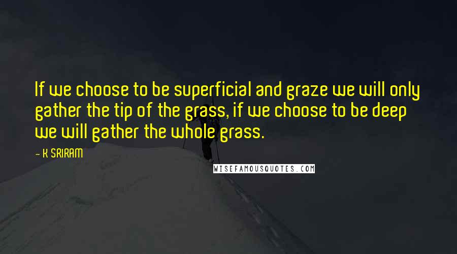 K SRIRAM Quotes: If we choose to be superficial and graze we will only gather the tip of the grass, if we choose to be deep we will gather the whole grass.