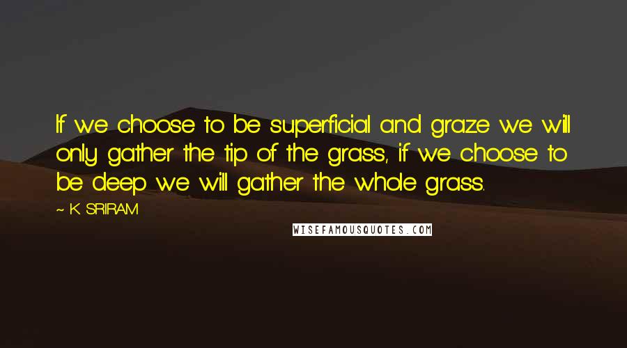 K SRIRAM Quotes: If we choose to be superficial and graze we will only gather the tip of the grass, if we choose to be deep we will gather the whole grass.