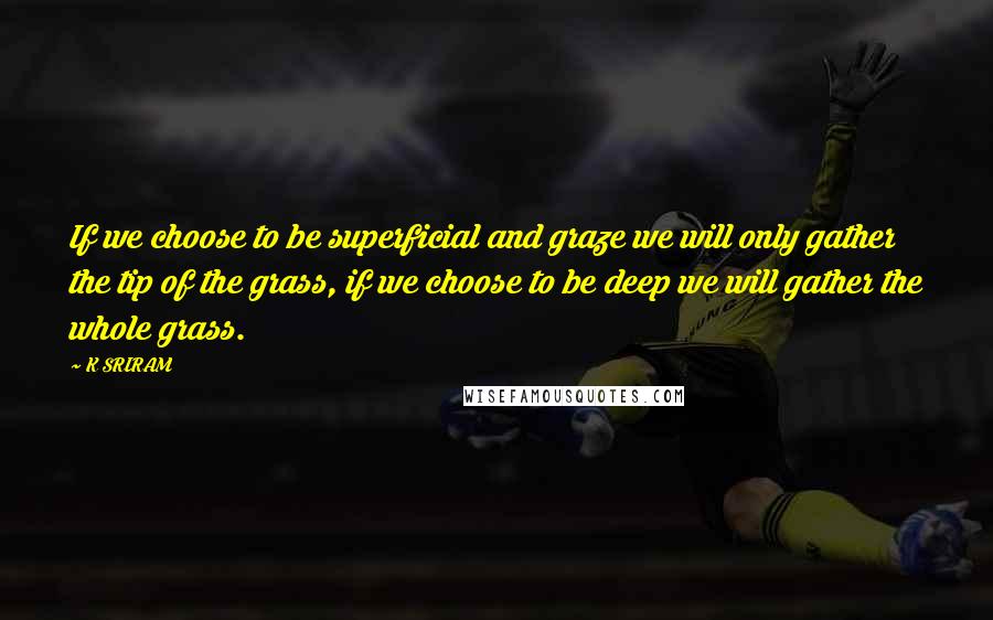 K SRIRAM Quotes: If we choose to be superficial and graze we will only gather the tip of the grass, if we choose to be deep we will gather the whole grass.