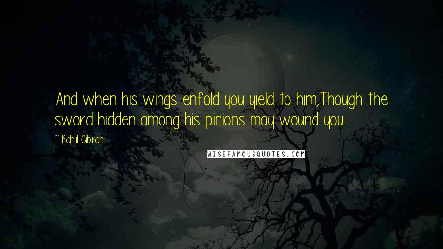 Kahlil Gibran Quotes: And when his wings enfold you yield to him,Though the sword hidden among his pinions may wound you.