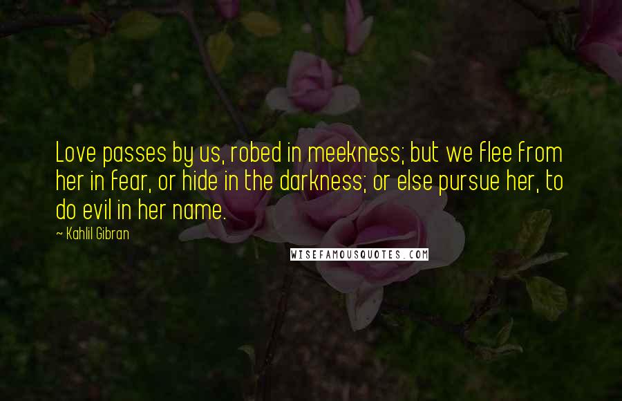 Kahlil Gibran Quotes: Love passes by us, robed in meekness; but we flee from her in fear, or hide in the darkness; or else pursue her, to do evil in her name.