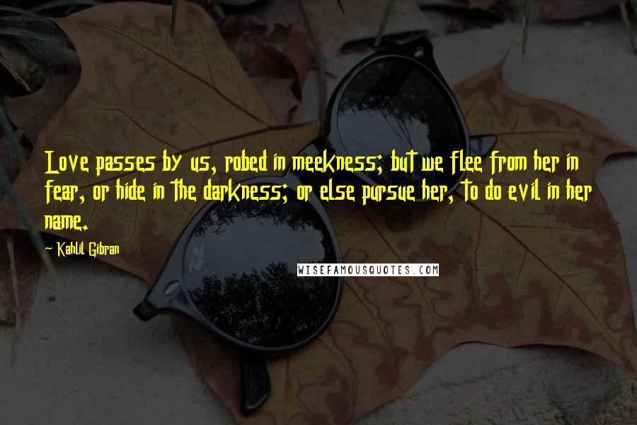 Kahlil Gibran Quotes: Love passes by us, robed in meekness; but we flee from her in fear, or hide in the darkness; or else pursue her, to do evil in her name.