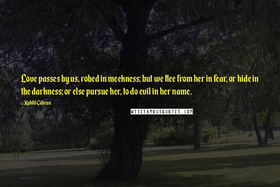 Kahlil Gibran Quotes: Love passes by us, robed in meekness; but we flee from her in fear, or hide in the darkness; or else pursue her, to do evil in her name.