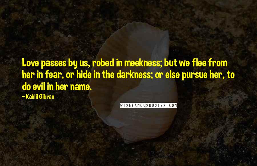 Kahlil Gibran Quotes: Love passes by us, robed in meekness; but we flee from her in fear, or hide in the darkness; or else pursue her, to do evil in her name.