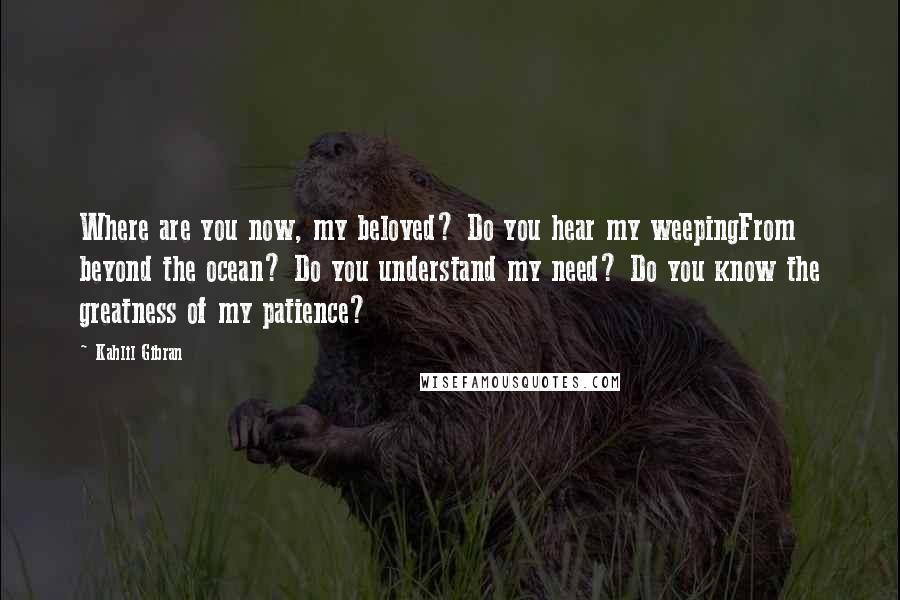 Kahlil Gibran Quotes: Where are you now, my beloved? Do you hear my weepingFrom beyond the ocean? Do you understand my need? Do you know the greatness of my patience?