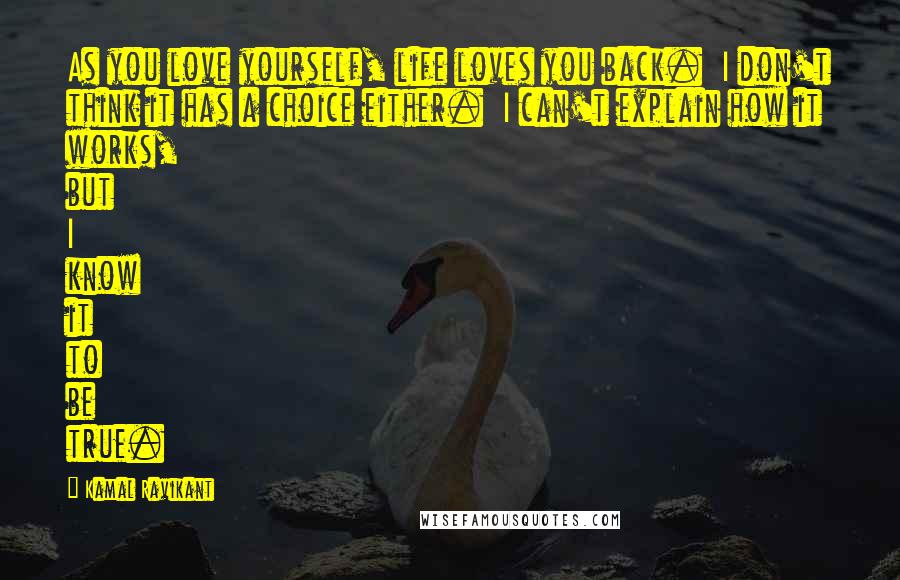 Kamal Ravikant Quotes: As you love yourself, life loves you back.  I don't think it has a choice either.  I can't explain how it works, but I know it to be true.