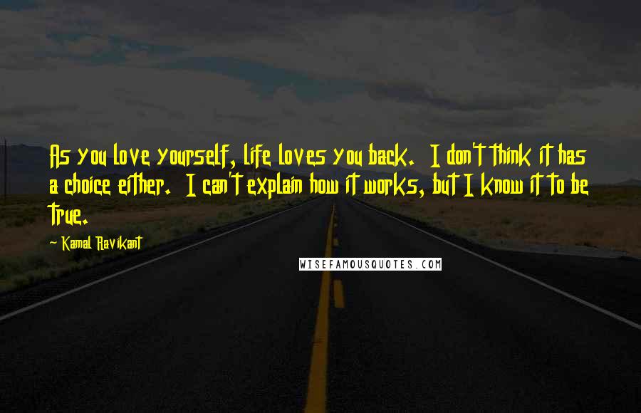 Kamal Ravikant Quotes: As you love yourself, life loves you back.  I don't think it has a choice either.  I can't explain how it works, but I know it to be true.