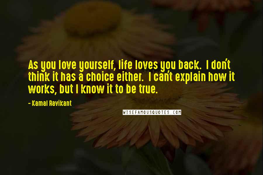 Kamal Ravikant Quotes: As you love yourself, life loves you back.  I don't think it has a choice either.  I can't explain how it works, but I know it to be true.