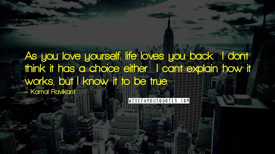 Kamal Ravikant Quotes: As you love yourself, life loves you back.  I don't think it has a choice either.  I can't explain how it works, but I know it to be true.