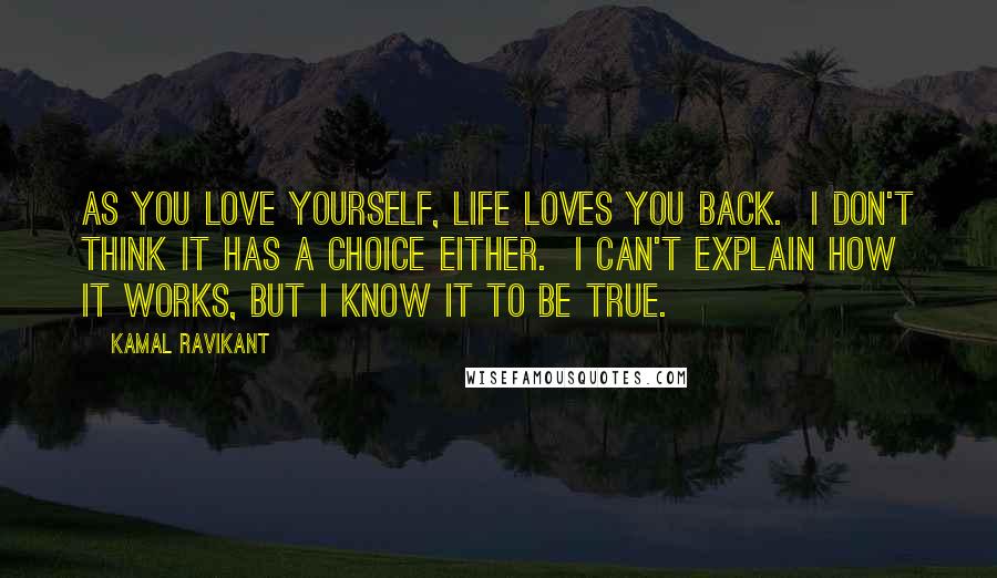 Kamal Ravikant Quotes: As you love yourself, life loves you back.  I don't think it has a choice either.  I can't explain how it works, but I know it to be true.