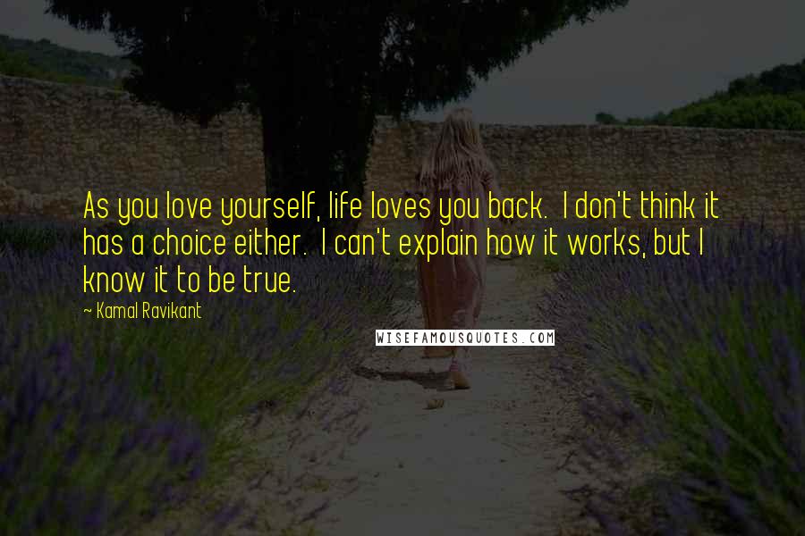 Kamal Ravikant Quotes: As you love yourself, life loves you back.  I don't think it has a choice either.  I can't explain how it works, but I know it to be true.