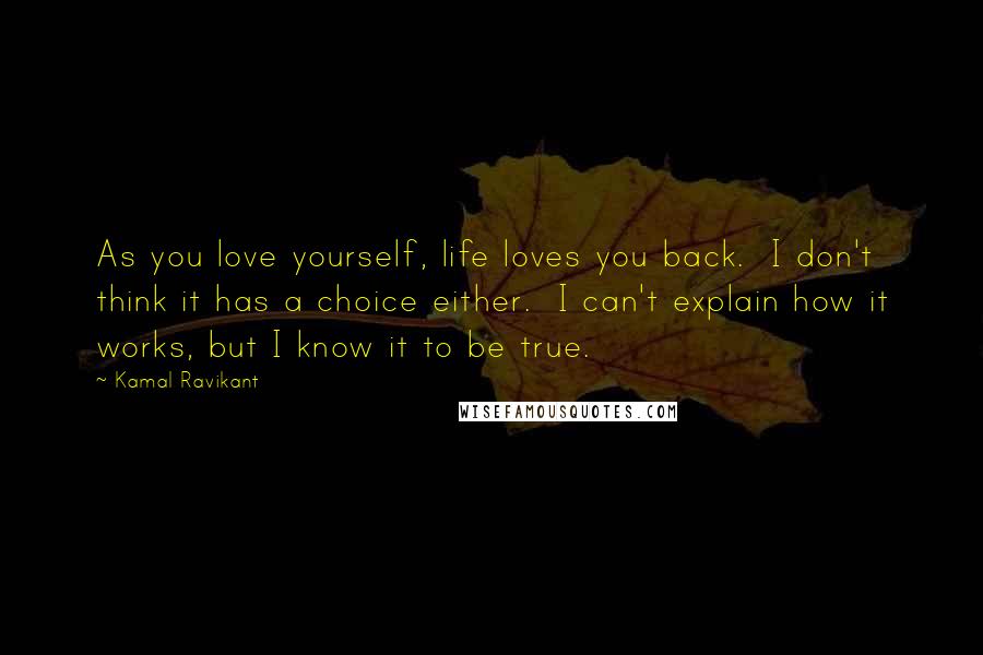 Kamal Ravikant Quotes: As you love yourself, life loves you back.  I don't think it has a choice either.  I can't explain how it works, but I know it to be true.