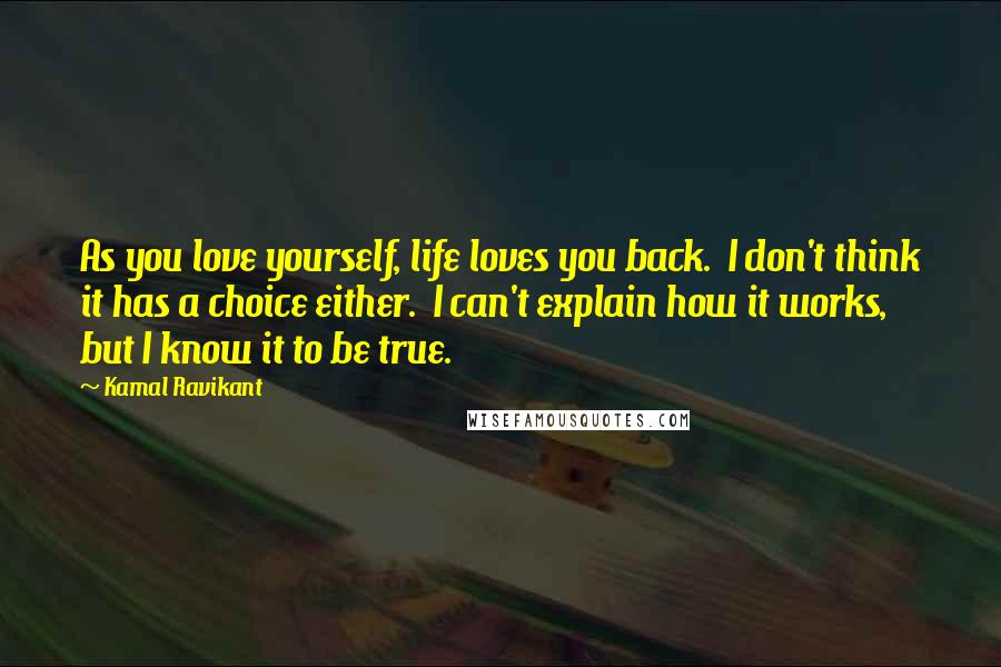 Kamal Ravikant Quotes: As you love yourself, life loves you back.  I don't think it has a choice either.  I can't explain how it works, but I know it to be true.