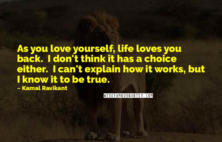 Kamal Ravikant Quotes: As you love yourself, life loves you back.  I don't think it has a choice either.  I can't explain how it works, but I know it to be true.