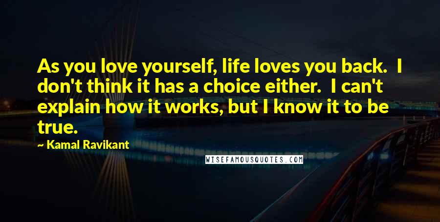 Kamal Ravikant Quotes: As you love yourself, life loves you back.  I don't think it has a choice either.  I can't explain how it works, but I know it to be true.