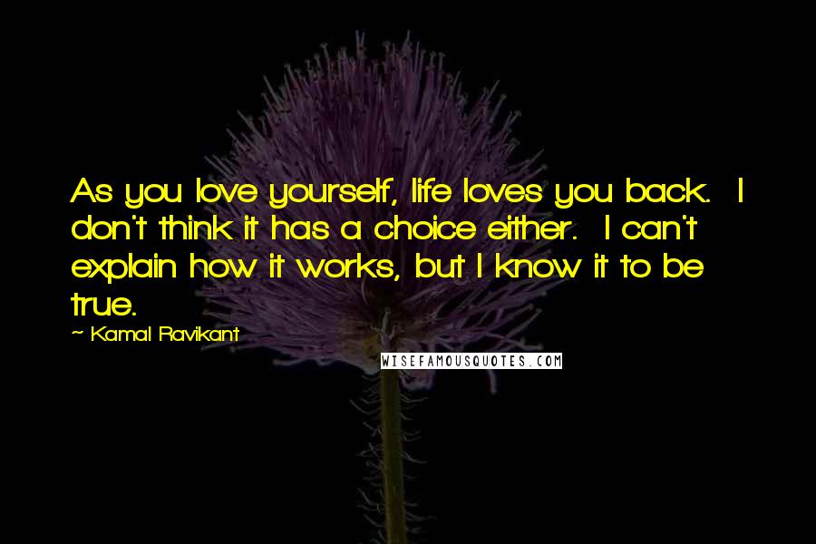 Kamal Ravikant Quotes: As you love yourself, life loves you back.  I don't think it has a choice either.  I can't explain how it works, but I know it to be true.