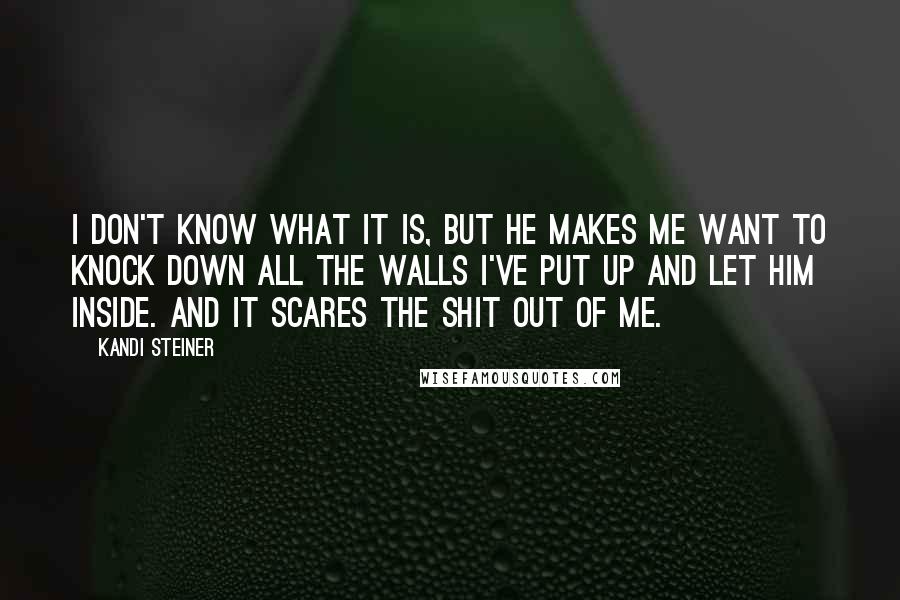 Kandi Steiner Quotes: I don't know what it is, but he makes me want to knock down all the walls I've put up and let him inside. And it scares the shit out of me.