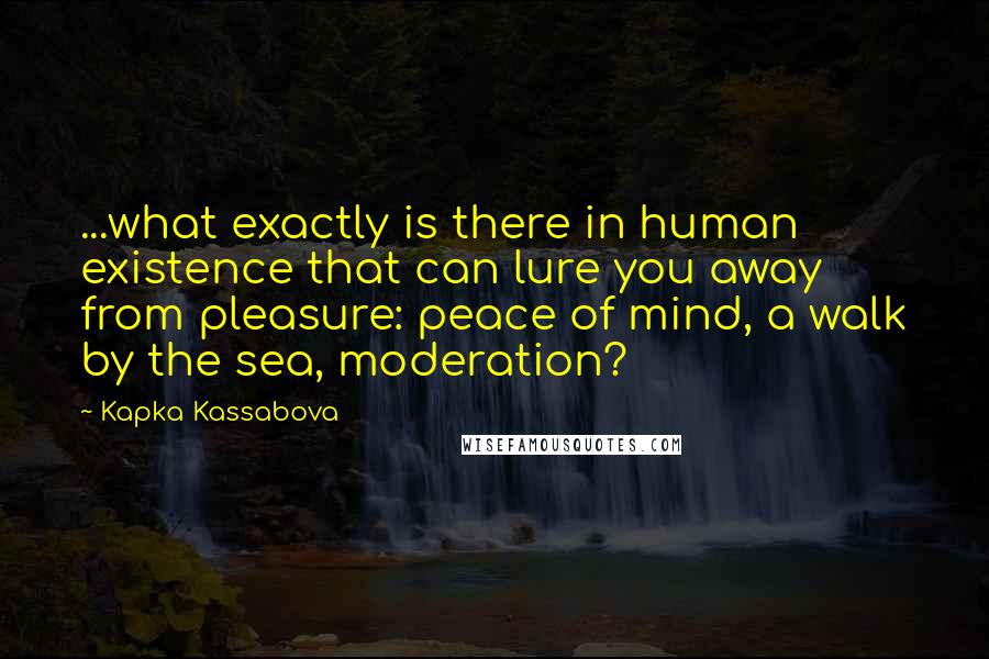 Kapka Kassabova Quotes: ...what exactly is there in human existence that can lure you away from pleasure: peace of mind, a walk by the sea, moderation?