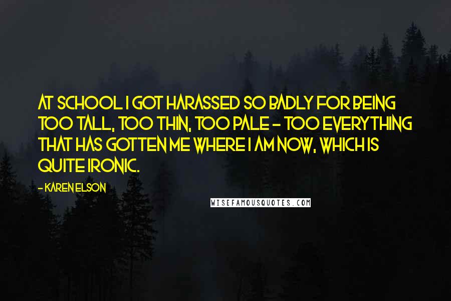 Karen Elson Quotes: At school I got harassed so badly for being too tall, too thin, too pale - too everything that has gotten me where I am now, which is quite ironic.