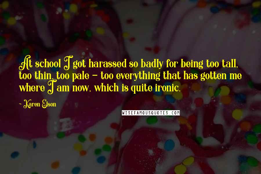 Karen Elson Quotes: At school I got harassed so badly for being too tall, too thin, too pale - too everything that has gotten me where I am now, which is quite ironic.