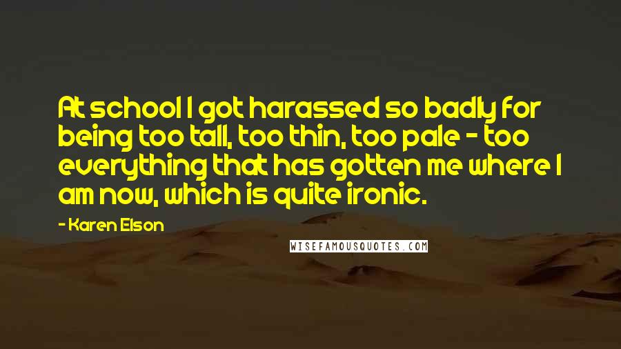 Karen Elson Quotes: At school I got harassed so badly for being too tall, too thin, too pale - too everything that has gotten me where I am now, which is quite ironic.