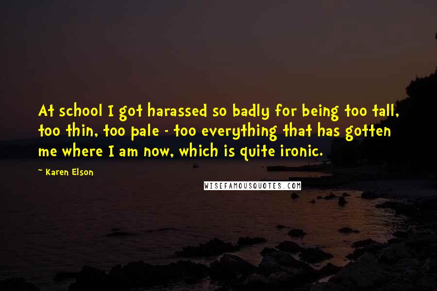 Karen Elson Quotes: At school I got harassed so badly for being too tall, too thin, too pale - too everything that has gotten me where I am now, which is quite ironic.