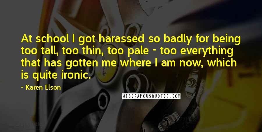 Karen Elson Quotes: At school I got harassed so badly for being too tall, too thin, too pale - too everything that has gotten me where I am now, which is quite ironic.