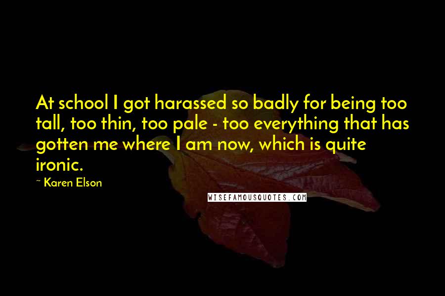 Karen Elson Quotes: At school I got harassed so badly for being too tall, too thin, too pale - too everything that has gotten me where I am now, which is quite ironic.