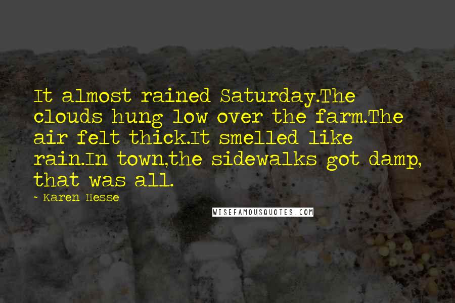 Karen Hesse Quotes: It almost rained Saturday.The clouds hung low over the farm.The air felt thick.It smelled like rain.In town,the sidewalks got damp, that was all.