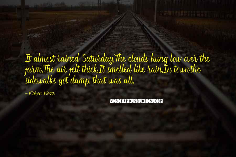 Karen Hesse Quotes: It almost rained Saturday.The clouds hung low over the farm.The air felt thick.It smelled like rain.In town,the sidewalks got damp, that was all.